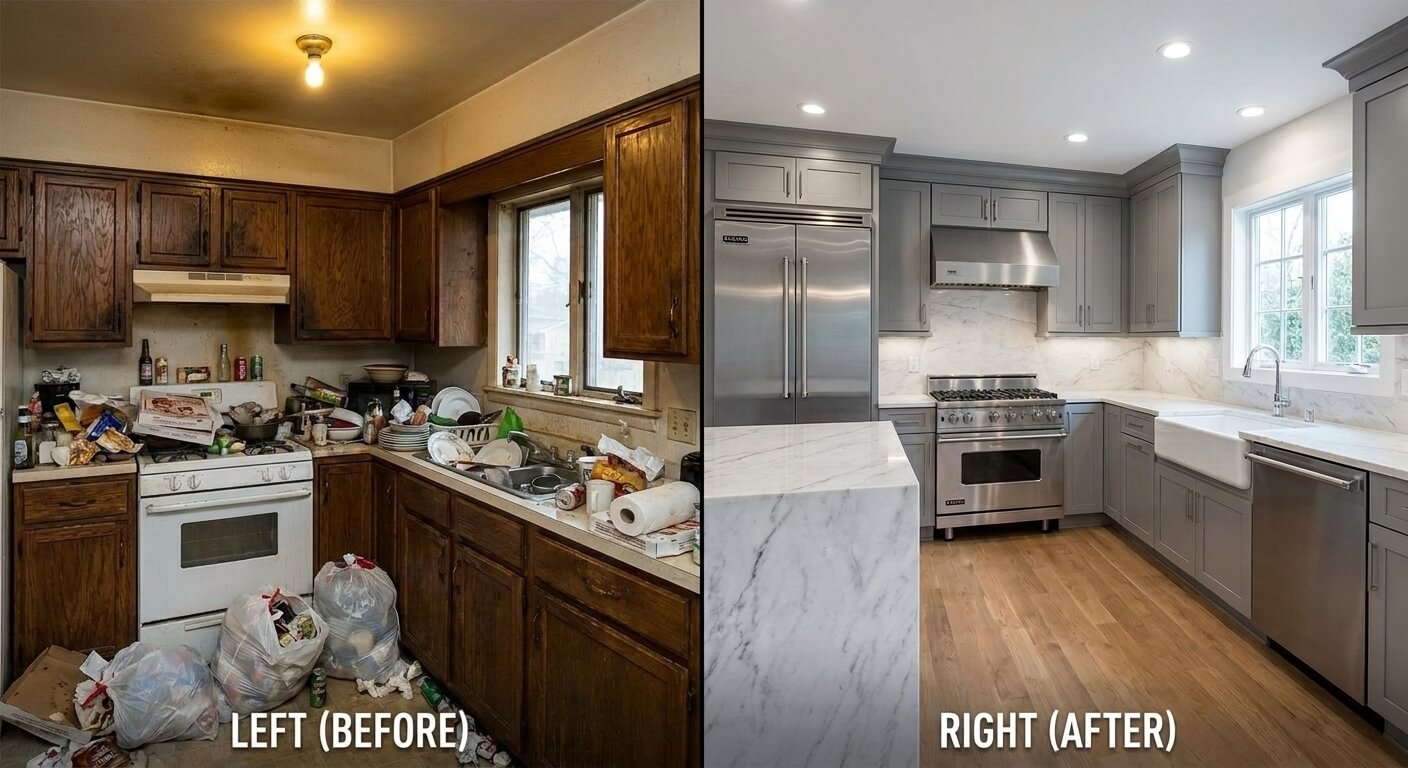 Bright clean kitchen inside Marin County home after estate cleanout