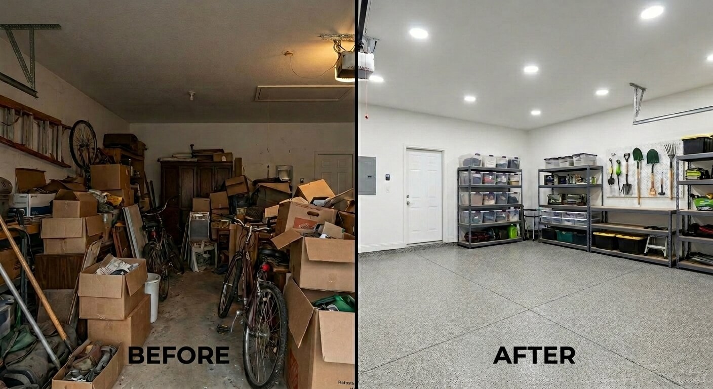 Boxes and clutter packed in garage before cleanout