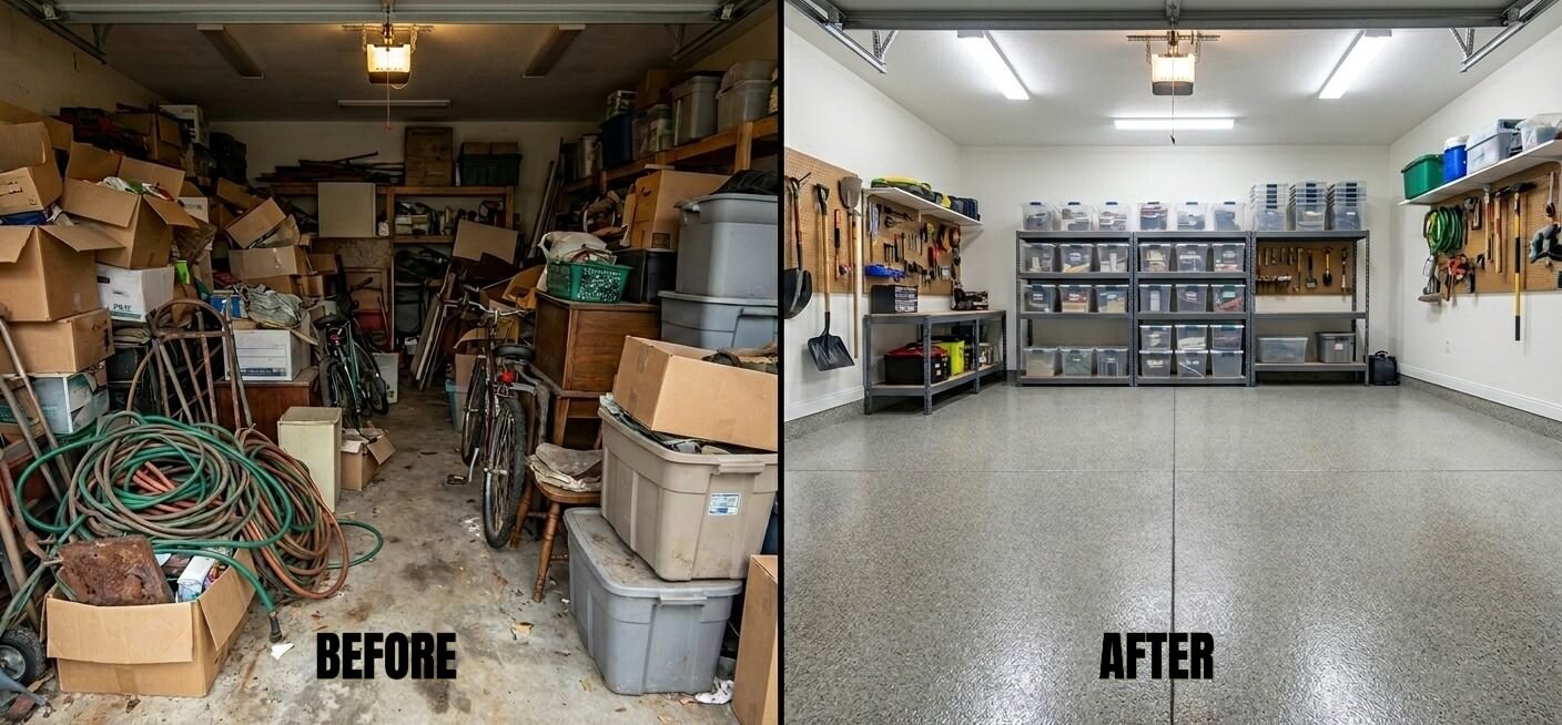 Clean open garage after Marin County cleanout service